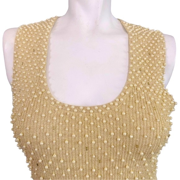 VINTAGE 90’s Caché Metallic Gold Pearls & Bead Sleeveless Cotton Ribbed Knit Top - Picture 2 of 4